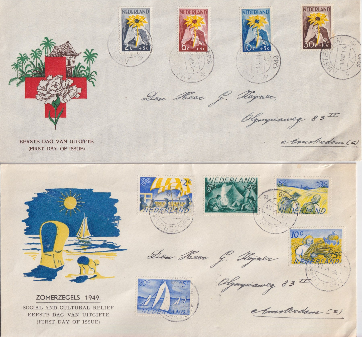 1949 Eerstedag enveloppen van Zomer en Zonnebloem zegels.