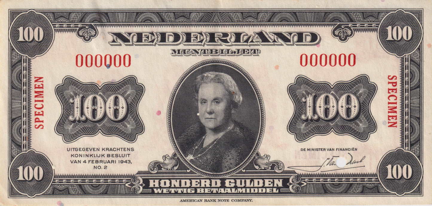 100 Gulden 1943 Wilhelmina, pr, serienummer 000000