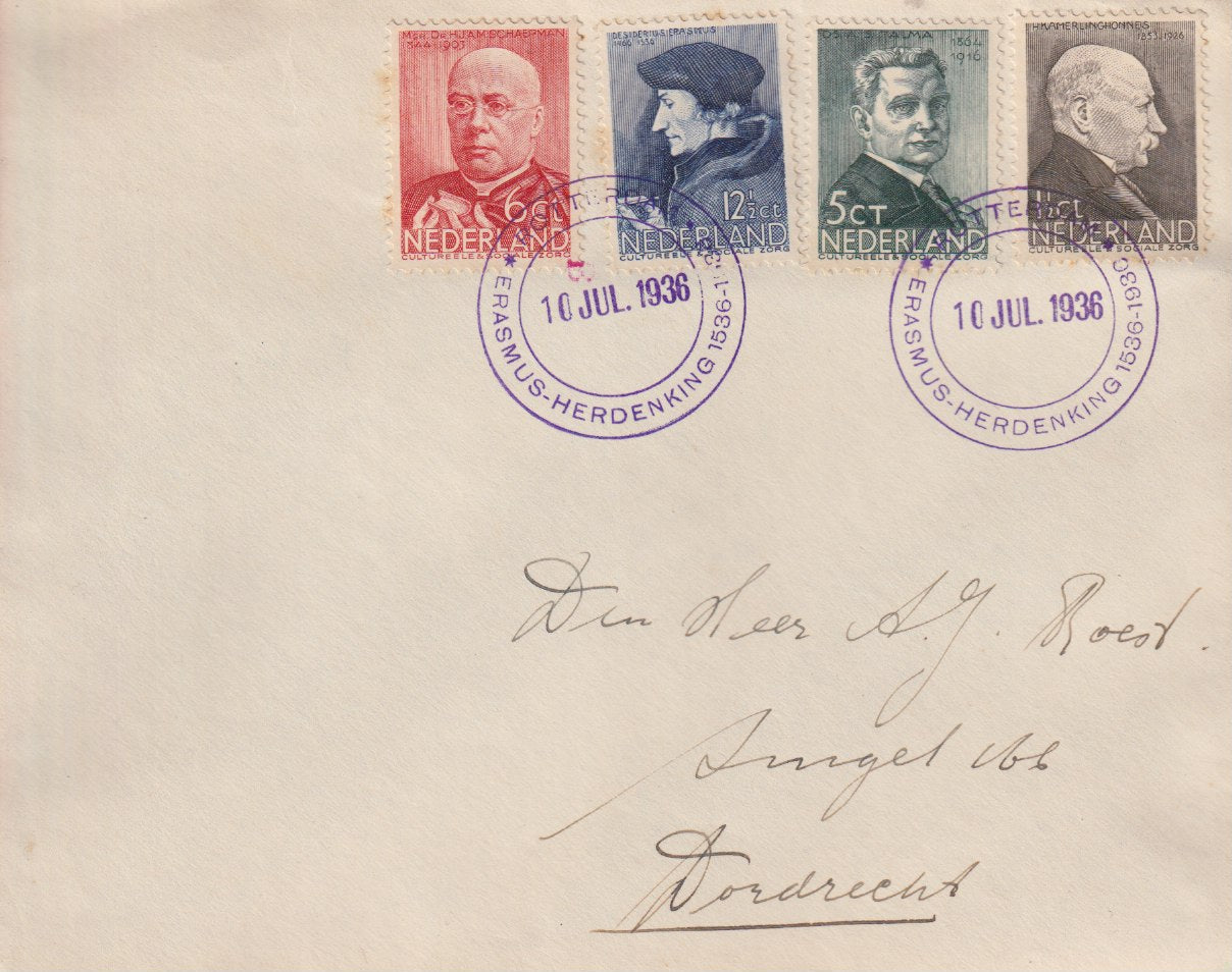1936 Brief met Zomerserie bekende personen en stempel Erasmus herdenking