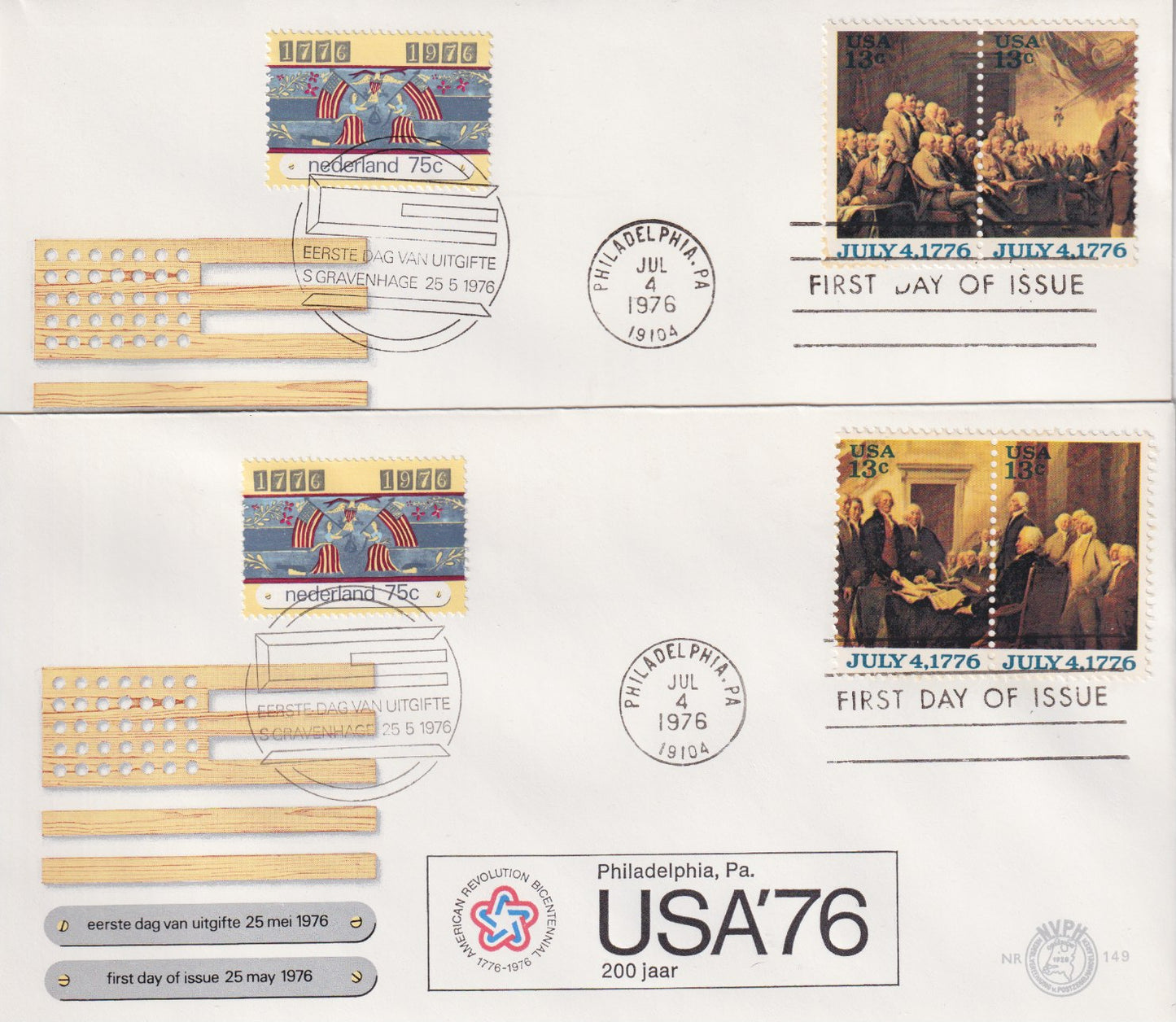 1976 SPECIALE EERSTEDAG ENVELOP 200 jr. USA/NEDERLAND , 2 stuks op E 149