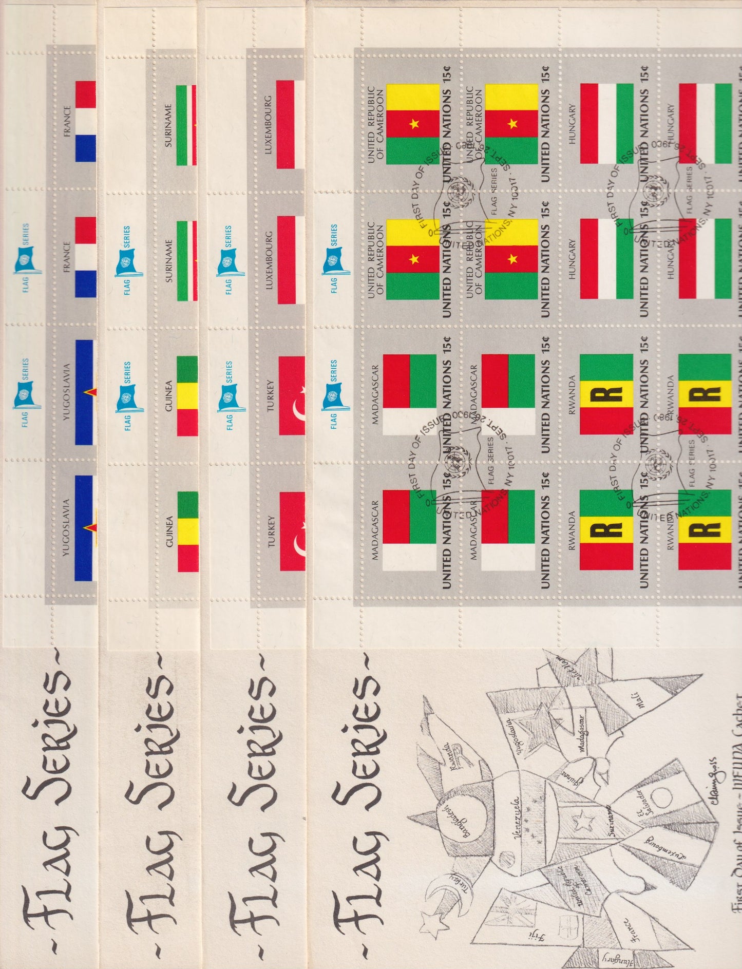 1980 Vlaggen serie UNO blocs op 4 enveloppen