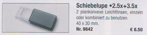 schuif-zakloupe, 2,5 en 3,5x vergrotend, kunststof, 40x30mm