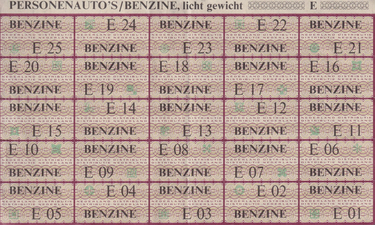 Benzinebonnen Nederland 1973, compleet vel.