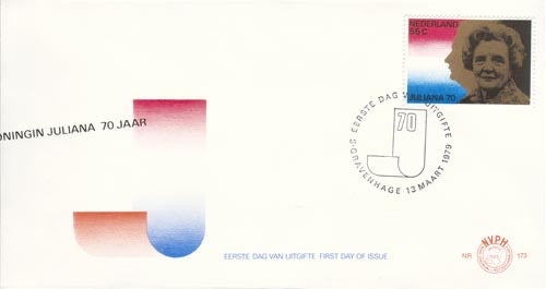 FDC Nederland E173, 70 jr. Juliana, opdruk verschoven