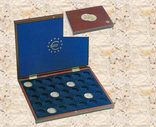 Coinbox mahogany for 2 Euro coins, round holes. - Click Image to Close