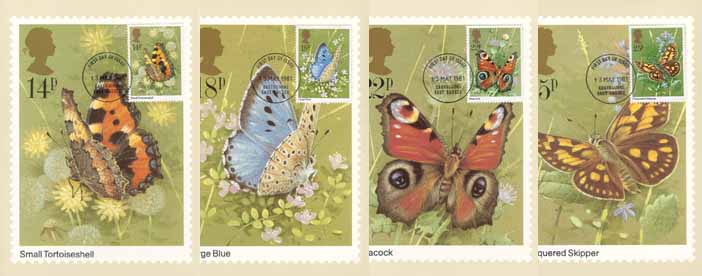 Engeland 1981, 4 kaarten vlinders - Klik op de afbeelding om het venster te sluiten